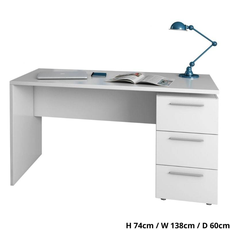 Arctic High Gloss White Computer Desk w/ 3 Drawers - White Tree Furniture