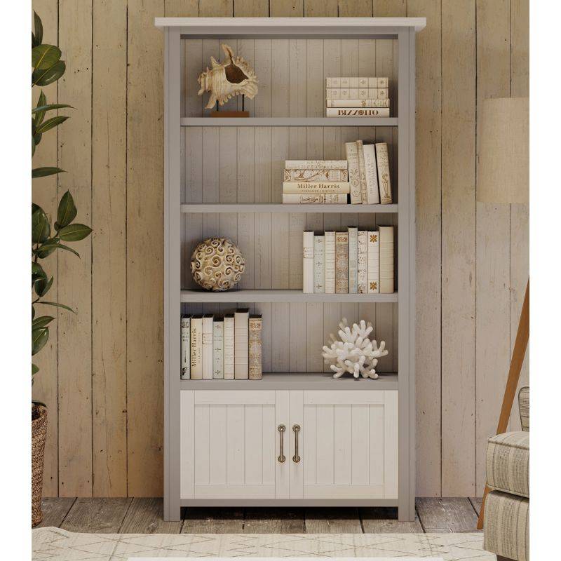 Baumhaus Greystone Large Open Bookcase with Cupboard in Grey and Distressed White VTTG01B - White Tree Furniture