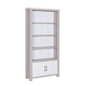 Baumhaus Greystone Large Open Bookcase with Cupboard in Grey and Distressed White VTTG01B - White Tree Furniture