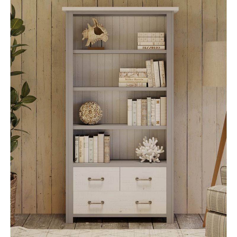 Baumhaus Greystone Reclaimed Large Open Bookcase with Drawers in Grey and Distressed White VTTG01A - White Tree Furniture