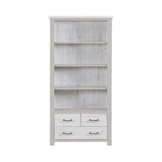 Baumhaus Greystone Reclaimed Large Open Bookcase with Drawers in Grey and Distressed White VTTG01A - White Tree Furniture