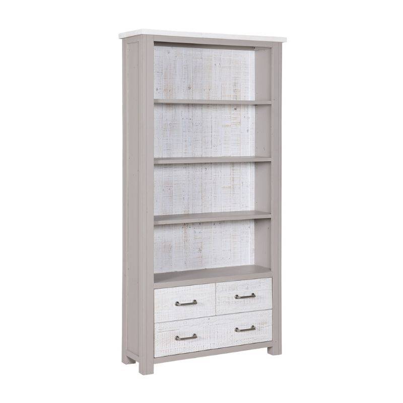 Baumhaus Greystone Reclaimed Large Open Bookcase with Drawers in Grey and Distressed White VTTG01A - White Tree Furniture