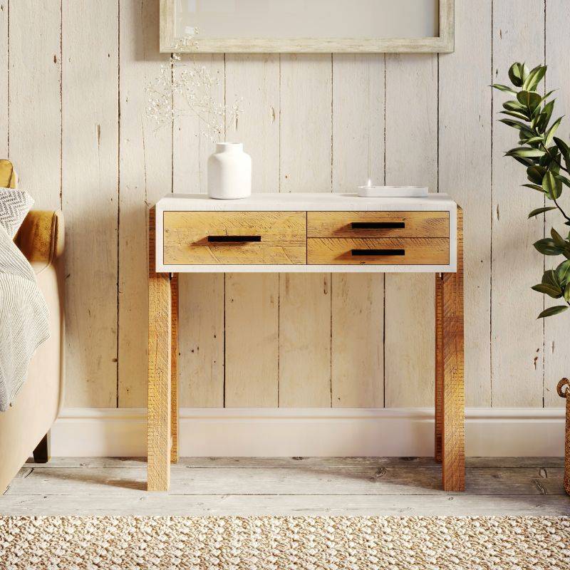 Baumhaus Trinity Reclaimed Small Console Table in White & Weathered Wood VWP02B - White Tree Furniture