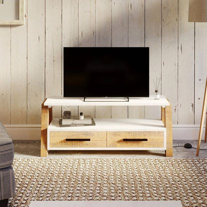 Baumhaus Trinity Reclaimed Widescreen TV Unit 110cm in White & Weathered Wood VWP09B - White Tree Furniture