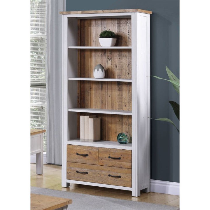 Baumhaus Splash of White Reclaimed Large Open Bookcase w/ Drawers in White & Weathered Wood VTTW01A - White Tree Furniture