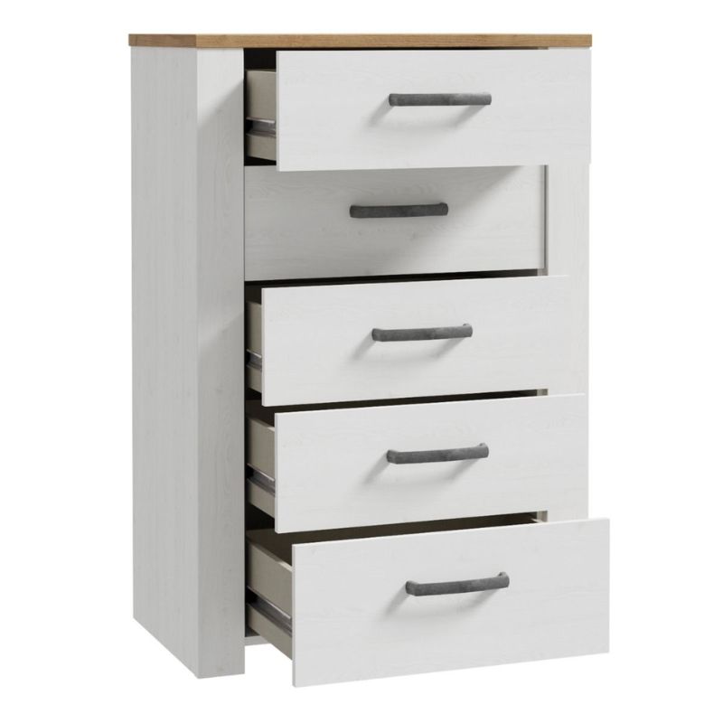 Bohol 5 Drawer Narrow Chest in Riviera Oak / White - White Tree Furniture