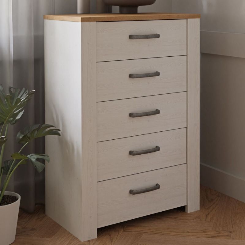 Bohol 5 Drawer Narrow Chest in Riviera Oak / White - White Tree Furniture