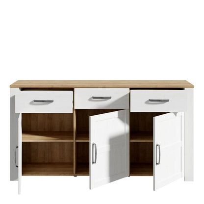 Bohol 3 Door 3 Drawer Sideboard in Riviera Oak / White - White Tree Furniture