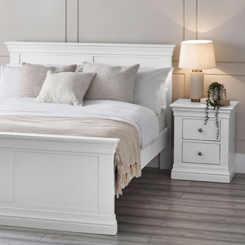 Shop a set of 2 Clermont Bedside Cabinets in Surf White with 2 drawers for essentials. French design with white lacquer finish for modern or classic styles.