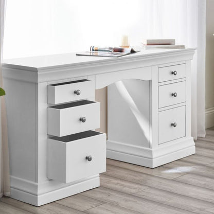 Julian Bowen Clermont Surf White Dressing Table with six drawers and brushed steel handles, featuring a classic design for bedroom storage.