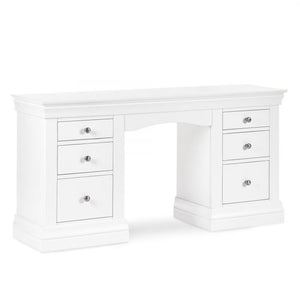 Julian Bowen Clermont Surf White Dressing Table with six drawers and brushed steel handles, featuring a classic design for bedroom storage.