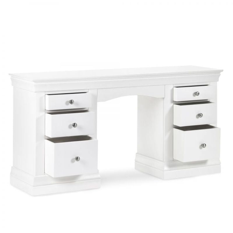 Julian Bowen Clermont Surf White Dressing Table with six drawers and brushed steel handles, featuring a classic design for bedroom storage.