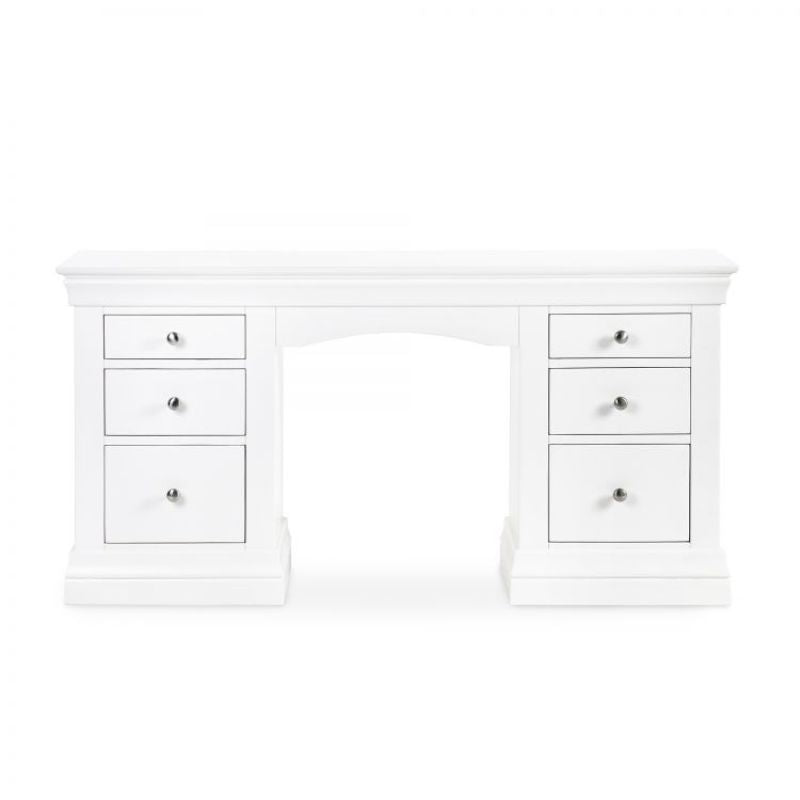 Julian Bowen Clermont Surf White Dressing Table with six drawers and brushed steel handles, featuring a classic design for bedroom storage.