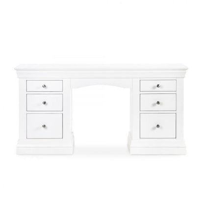 Julian Bowen Clermont Surf White Dressing Table with six drawers and brushed steel handles, featuring a classic design for bedroom storage.