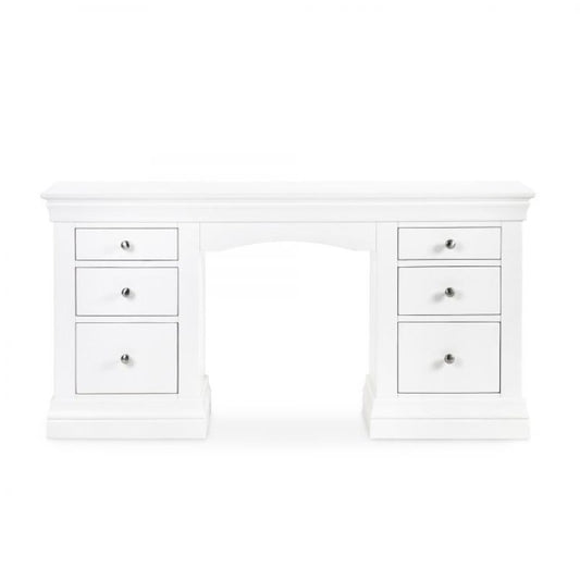 Julian Bowen Clermont Surf White Dressing Table with six drawers and brushed steel handles, featuring a classic design for bedroom storage.