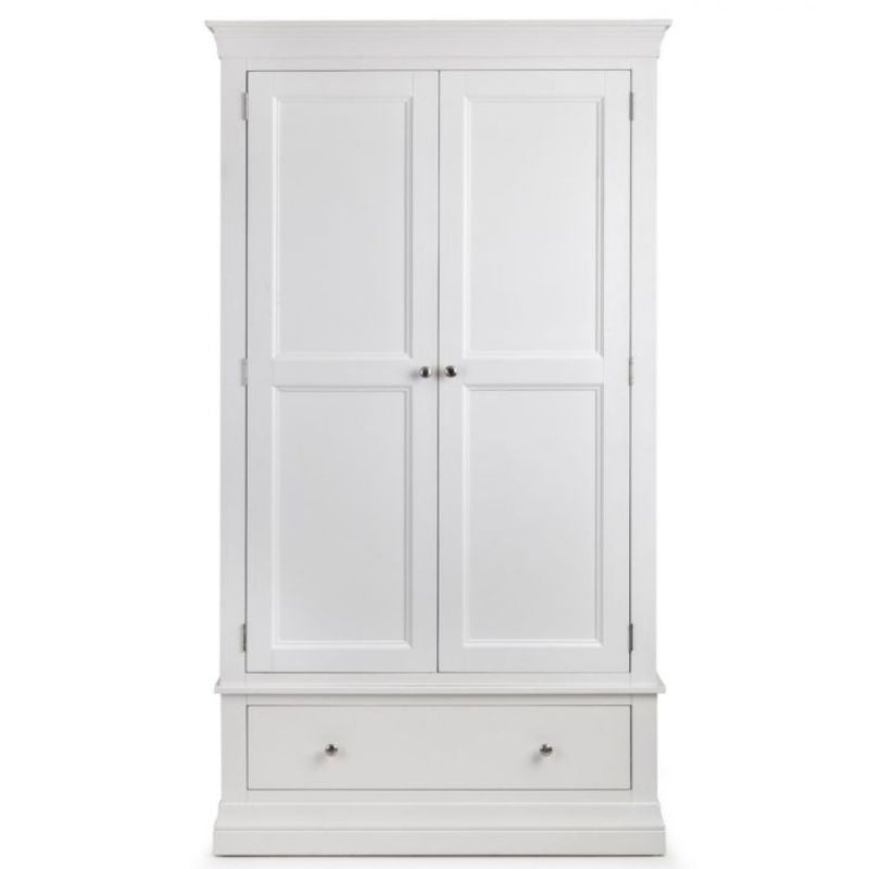 Discover the CLERMONT Surf White Double Wardrobe w/ 2 Doors 1 Drawer with spacious storage in surf white. Pine and MDF construction & brushed steel handles. 