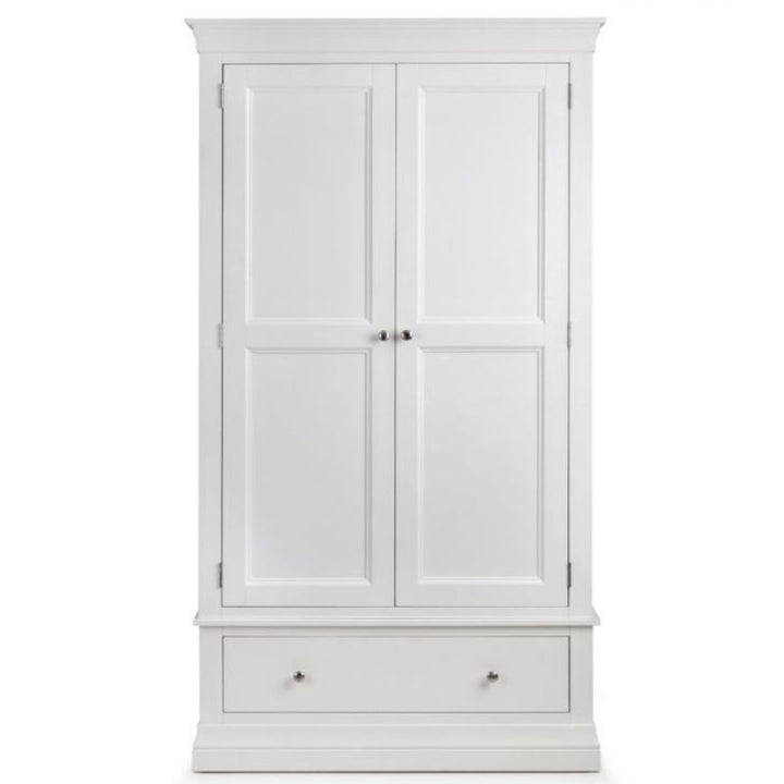 Discover the CLERMONT Surf White Double Wardrobe w/ 2 Doors 1 Drawer with spacious storage in surf white. Pine and MDF construction & brushed steel handles. 