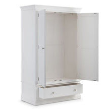 Discover the CLERMONT Surf White Double Wardrobe w/ 2 Doors 1 Drawer with spacious storage in surf white. Pine and MDF construction & brushed steel handles. 