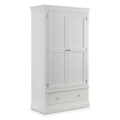 Discover the CLERMONT Surf White Double Wardrobe w/ 2 Doors 1 Drawer with spacious storage in surf white. Pine and MDF construction & brushed steel handles. 