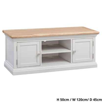 Cotswold 120cm TV Cabinet in Light Grey w/ Lacquered Oak Top - White Tree Furniture