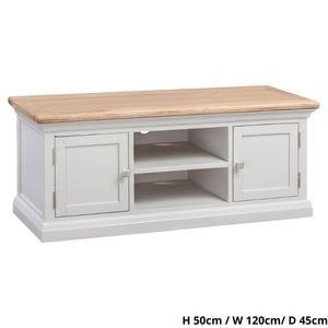 Cotswold 120cm TV Cabinet in Light Grey w/ Lacquered Oak Top - White Tree Furniture