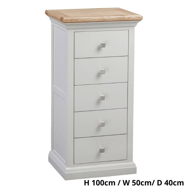 COTSWOLD 5 Drawer Tallboy in Light Grey with Lacquered Oak Top - White Tree Furniture