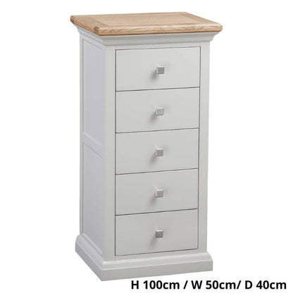 COTSWOLD 5 Drawer Tallboy in Light Grey with Lacquered Oak Top - White Tree Furniture