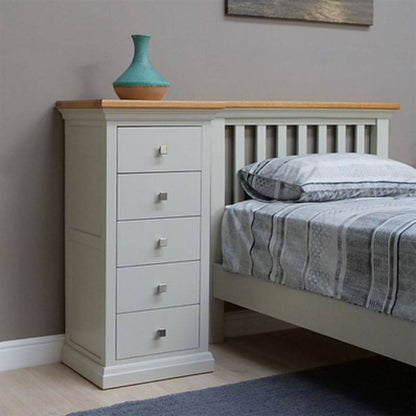 COTSWOLD 5 Drawer Tallboy in Light Grey with Lacquered Oak Top - White Tree Furniture