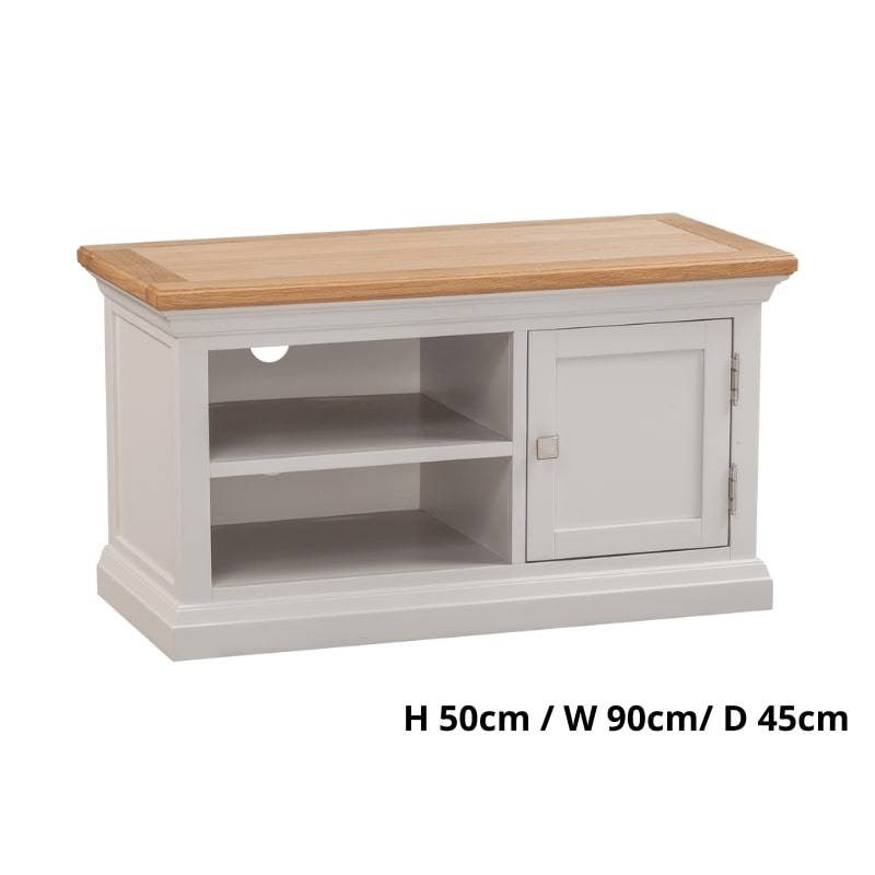 Cotswold 90cm TV Cabinet in Light Grey w/ Lacquered Oak Top - White Tree Furniture