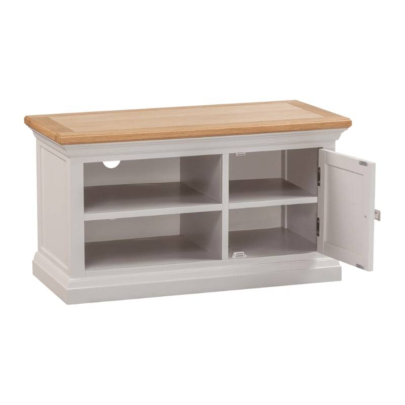 Cotswold 90cm TV Cabinet in Light Grey w/ Lacquered Oak Top - White Tree Furniture