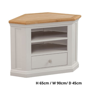 Cotswold Corner TV Unit in Light Grey w/ Lacquered Oak Top - White Tree Furniture