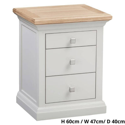 COTSWOLD 3 Drawer Bedside Table in Light Grey with Lacquered Oak Top - White Tree Furniture