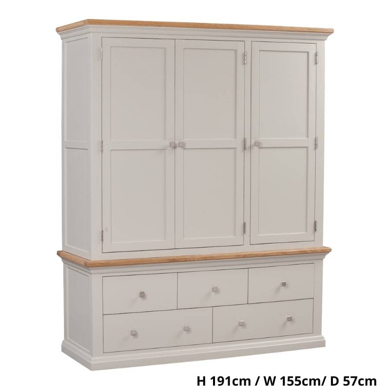 Cotswold Triple Wardrobe in Light Grey w/ Lacquered Oak Top - White Tree Furniture