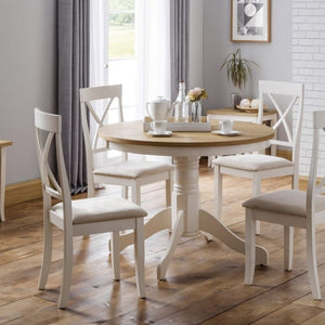 Shop DAVENPORT Round Pedestal Table in Ivory & Oak Top for 4 people. Real oak veneers, elegant pedestal and ivory lacquered base.