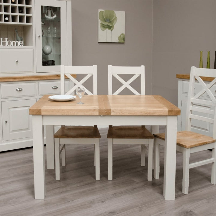 DeLuxe Painted Solid Pine 120cm Extending Dining Table with Lacquered Oak Top - White Tree Furniture