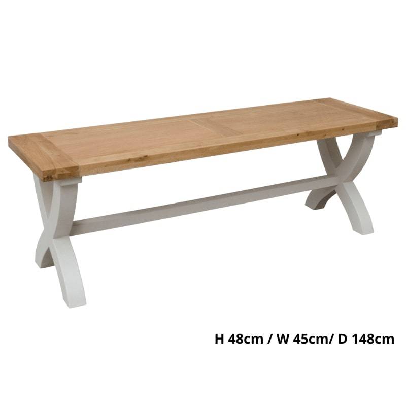 DeLuxe Solid Pine X-Leg Bench with Lacquered Oak Top - White Tree Furniture