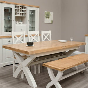 DeLuxe Solid Pine X-Leg Large Extendable Dining Table with Lacquered Oak Top - White Tree Furniture