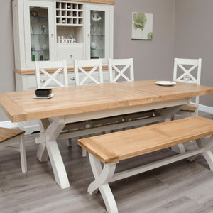 DeLuxe Solid Pine X-Leg Large Extendable Dining Table with Lacquered Oak Top - White Tree Furniture