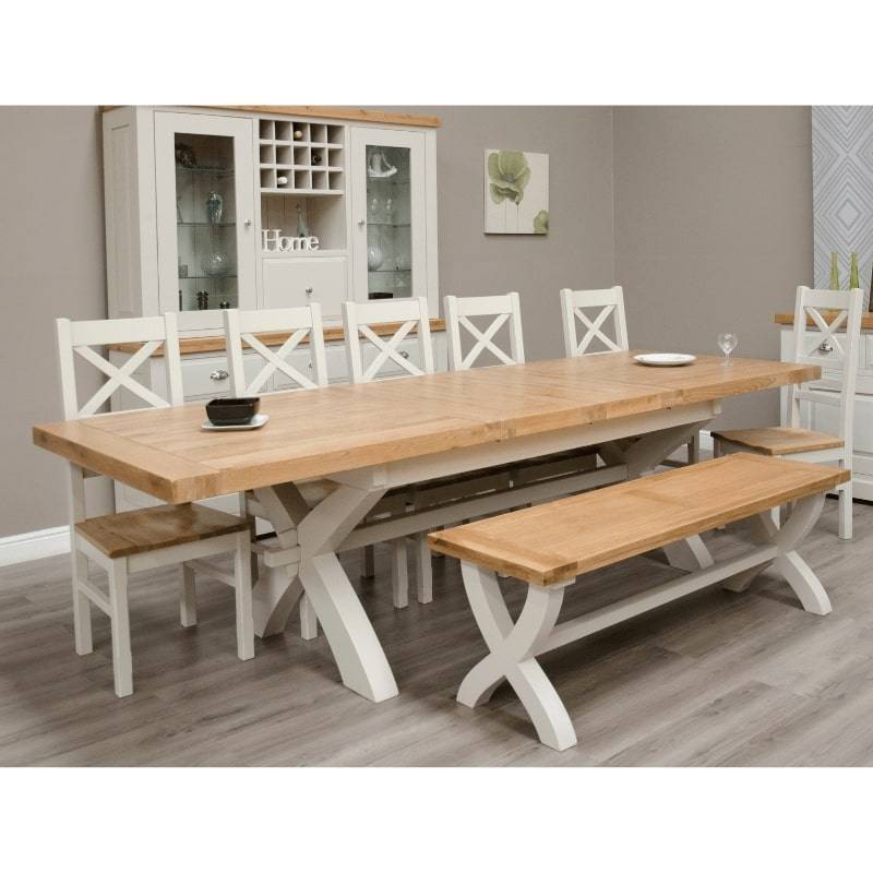 DeLuxe Solid Pine X-Leg Large Extendable Dining Table with Lacquered Oak Top - White Tree Furniture