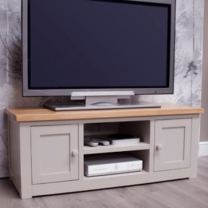 HOMESTYLE GB Grey Painted 120cm TV Cabinet with Lacquered Oak Top - White Tree Furniture