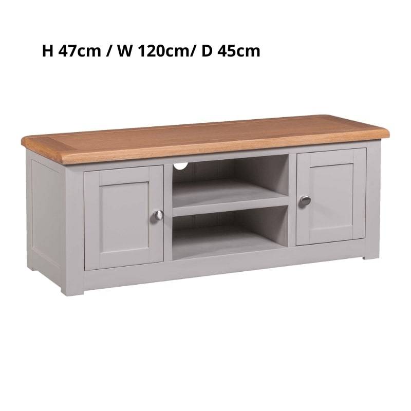 HOMESTYLE GB Grey Painted 120cm TV Cabinet with Lacquered Oak Top - White Tree Furniture