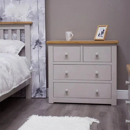 Solid Pine 2 Over 2 Chest of Drawers Painted in Grey with Lacquered Oak Top - White Tree Furniture