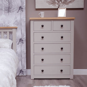 HOMESTYLE GB Diamond Grey Painted 2 Over 4 Chest of Drawers w/ Lacquered Oak Top - White Tree Furniture