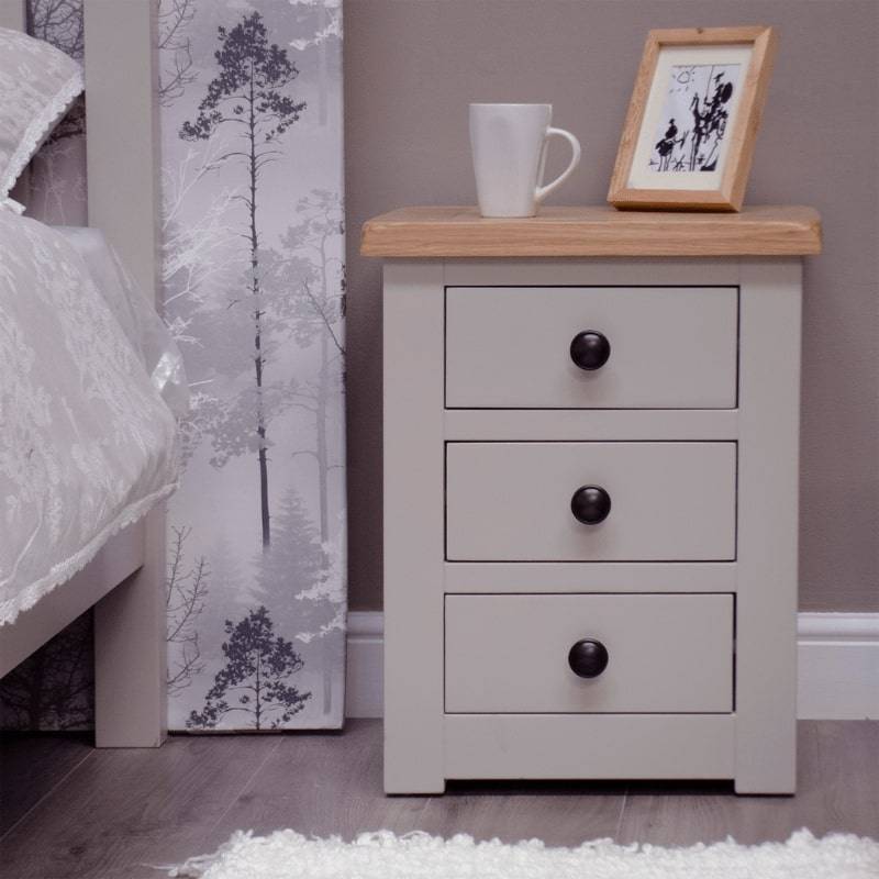 Grey Painted 3 Drawer Bedside Table w/ Lacquered Oak Top - White Tree Furniture