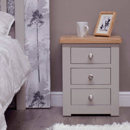 Grey Painted 3 Drawer Bedside Table w/ Lacquered Oak Top - White Tree Furniture