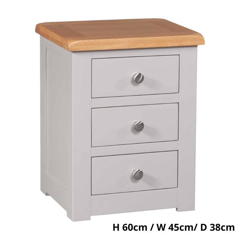 Grey Painted 3 Drawer Bedside Table w/ Lacquered Oak Top - White Tree Furniture