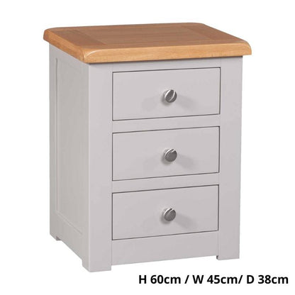 Grey Painted 3 Drawer Bedside Table w/ Lacquered Oak Top - White Tree Furniture