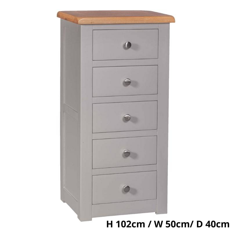 HOMESTYLE GB Diamond Grey Painted 5 Drawer Tallboy w/ Lacquered Oak Top - White Tree Furniture