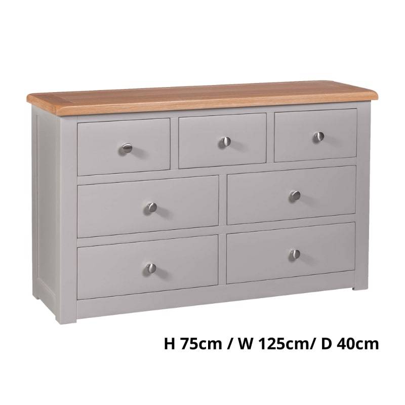 HOMESTYLE GB Diamond Grey Painted 7 Drawer Chest Painted w/ Lacquered Oak Top - White Tree Furniture