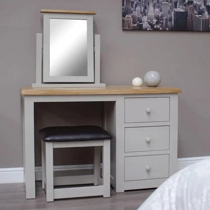 HOMESTYLE GB Diamond Grey Painted Dressing Table w/ Lacquered Oak Top & Stool - White Tree Furniture